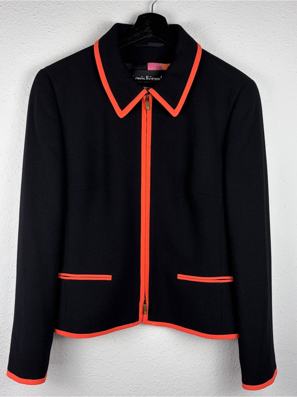 VTG Louis Feraud Black Wool Jacket with Orange Trim Made in Germany Size 10